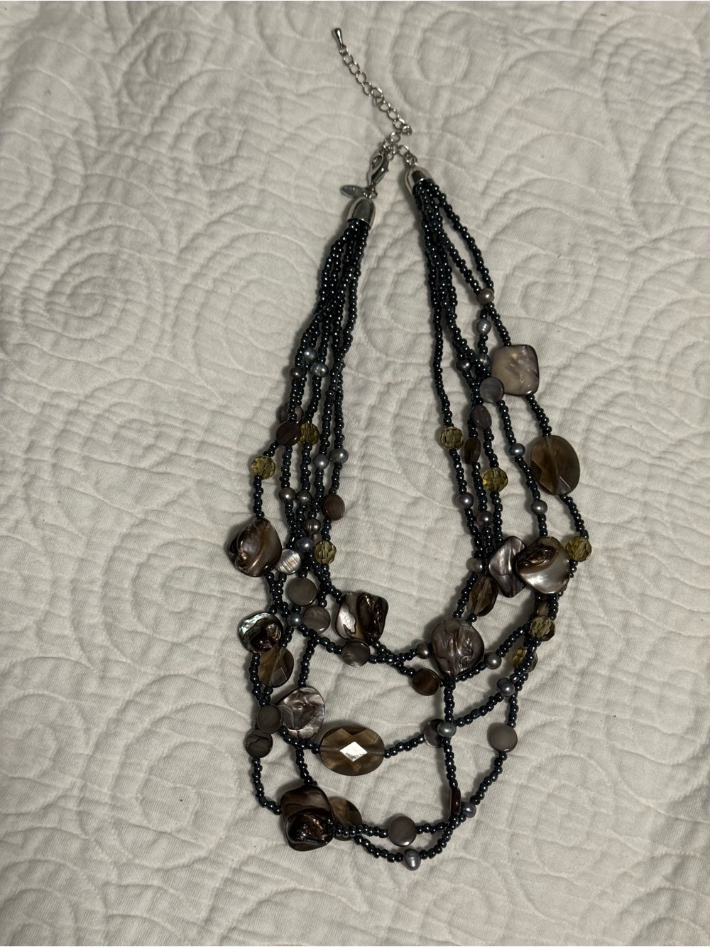 Lia Sophia Multi-Strand Brown Beaded Statement Necklace with chain adjuster.